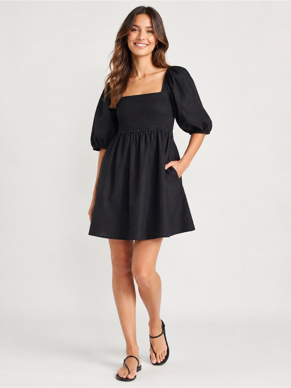 American Eagle Outfitters Black Smocked Puff-Sleeve Cotton Mini Dress